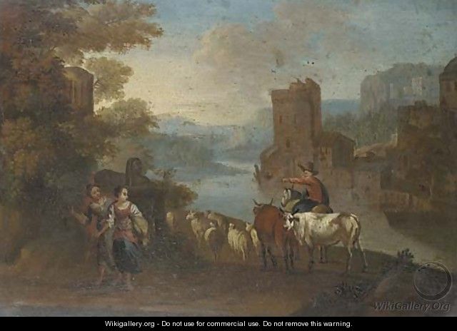 An Italianate river landscape with shepherdesses and a herdsmen, a town beyond - (after) Hendrik Frans Van Lint (Studio Lo)