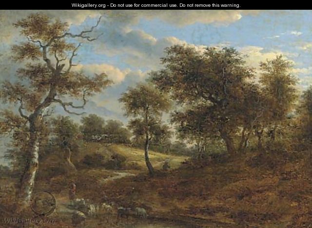 A wooded landscape with a shepherd driving his flock - (after) Jacob Van Ruisdael