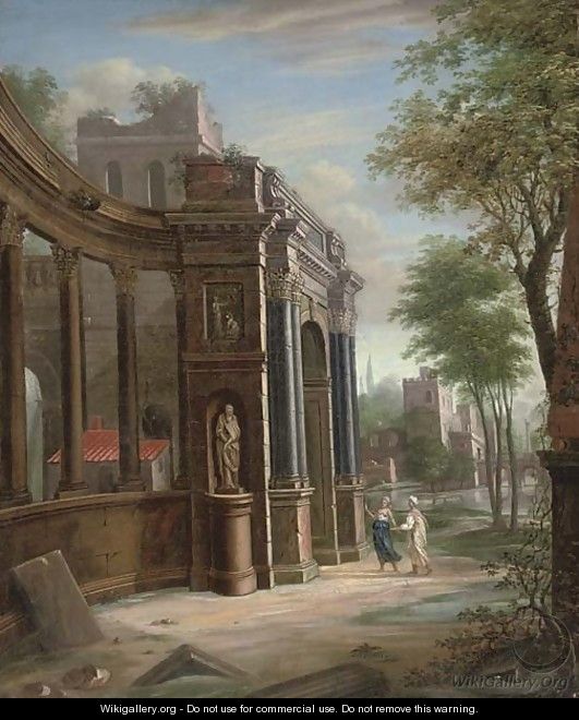A capriccio of classical architecture with two figures conversing - (after) Jacobus Saeys