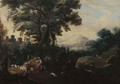 An Italianate landscape with a shepherd couple leading their flock down a path - (after) Jacob De Heusch