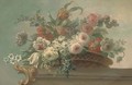 Summer flowers, including tulips, poppies and peonies, in a wicker basket, on a stone ledge - (after) Jacob Bogdani