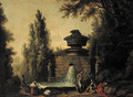 Washerwomen by a fountain with Roman warriors in an Italianate garden - (after) Hubert Robert