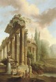 An architectural capriccio of classical ruins in a garden with figures by a fountain - (after) Hubert Robert