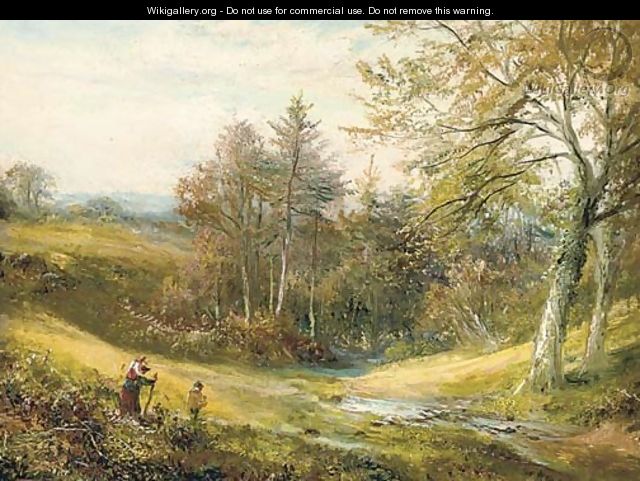 Figures near a stream, with a woodland beyond - (after) George Turner