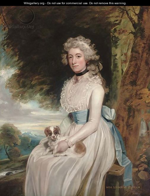 Portrait of a lady, traditionally identified as Miss Leyborne Popham, three-quarter-length, in a white dress with a blue sash, a dog on her lap - (after) Romney, George