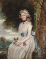 Portrait of a lady, traditionally identified as Miss Leyborne Popham, three-quarter-length, in a white dress with a blue sash, a dog on her lap - (after) Romney, George