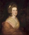 Portrait of a lady, bust-length, in a pink dress and red wrap - (after) Romney, George