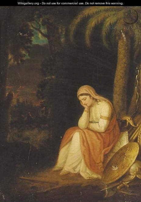 A maiden with classical trophies in a landscape - (after) Romney, George