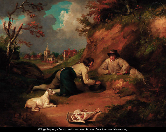 Boys rabbiting with a village beyond - (after) George Morland