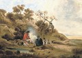 A wooded river landscape with figures by a camp fire - (after) George Morland