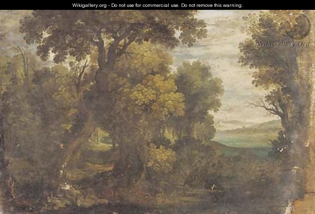 Hunters shooting gamebirds in a wooded landscape - (after) Gillis Van Coninxloo