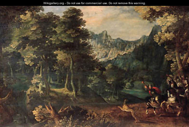 A tiger hunt in a forest, a valley beyond - (after) Gillis Van Coninxloo