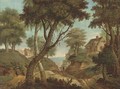 An extensive wooded landscape with travellers on tracks - (after) Gillis Neyts