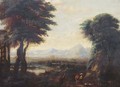 An extensive river landscape with travellers and their flock on a path - (after) Gillis Neyts