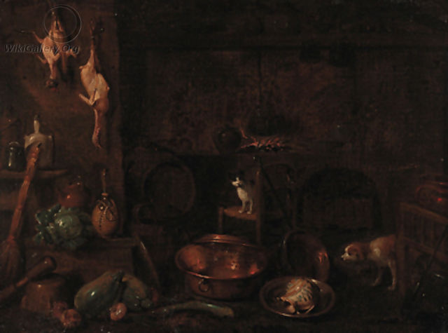 A dog, a cat and dead game with vegetables and cooking vessels in a kitchen interior - (after) Gian Domenico Valentino