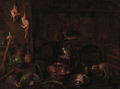 A dog, a cat and dead game with vegetables and cooking vessels in a kitchen interior - (after) Gian Domenico Valentino