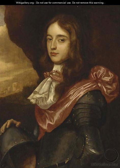 Portrait of a nobleman, thought to be Prince Rupert Palatine, small-half-length, in armour with a crimson sash, a landscape beyond - (after) Honthorst, Gerrit van
