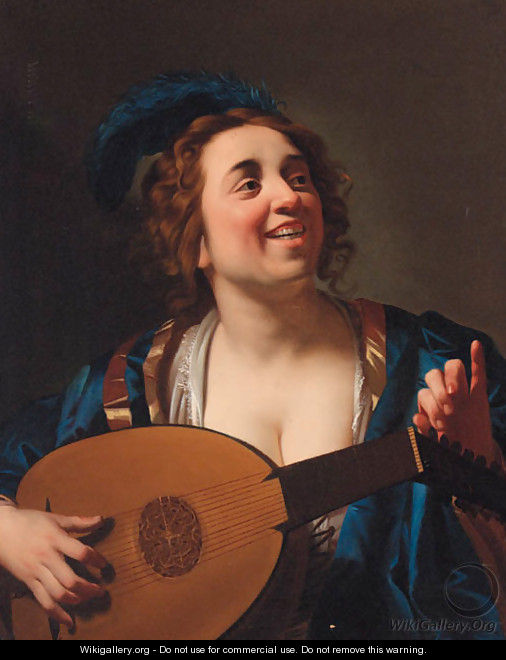 A woman playing the lute - (after) Honthorst, Gerrit van