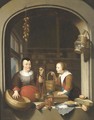A shop-keeper and a maid seen through a casement - (after) Gerrit Dou