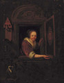 A lady with a monkey and a bullfinch at a casement - (after) Gerrit Dou
