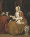 A lady seated in an interior, with a dog on a partly draped table - (after) Gerard Ter Borch