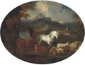 Horses, cattle, goats and rams by a lake in a mountain landscape - (after) Giovanni Benedetto Castiglione