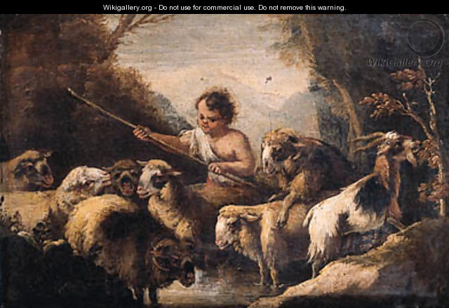 A shepherd boy watering sheep in a mountainous landscape - (after) Giovanni Benedetto Castiglione