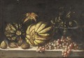 Melons, grapes and figs on a ledge - (after) Giovanni Battista Ruoppolo