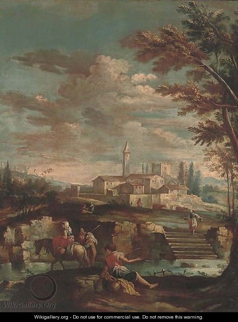 An Italianate river landscape with travellers and an angler on a river bank, a town beyond - (after) Gianbattista Cimaroli
