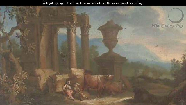Drovers and their cattle resting by classical ruins - (after) Giuseppe Zais
