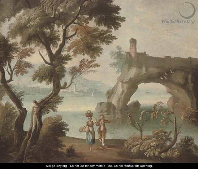 A Mediterranean coastal inlet with travellers in the foreground and a fortification beyond - (after) Giuseppe Zais