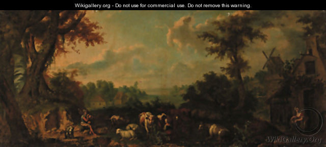 A milkmaid with cattle and sheep in an extensive wooded river landscape - (after) Giuseppe Gambarini