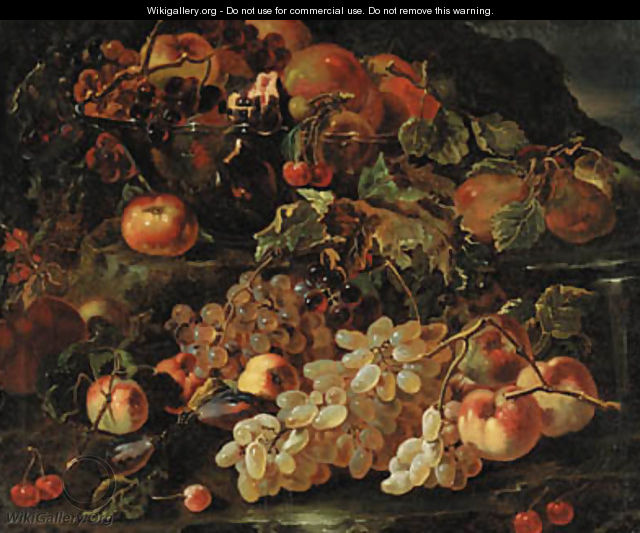 Grapes, apples and pomegranates in a glass bowl with other fruit on a rocky bank - (after) Giovanni Paolo Spadino