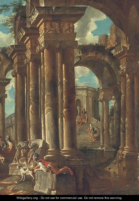 A capriccio of Roman ruins with soldiers and other figures - (after) Giovanni Paolo Panini