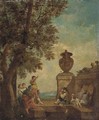 Figures conversing on a terrace with classical statuary - (after) Giovanni Paolo Panini