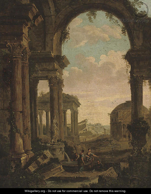 An architectural capriccio with figures amongst classical ruins, the Pantheon beyond - (after) Giovanni Paolo Panini