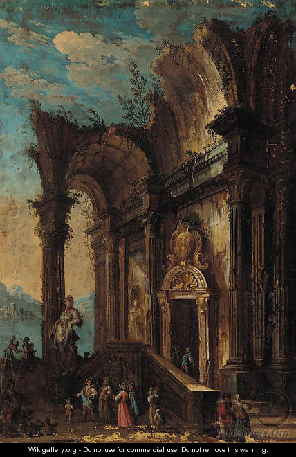 A capriccio of figures at a classical ruin - (after) Giovanni Paolo Panini