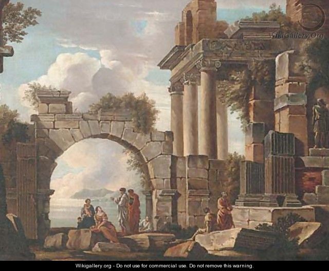 A capriccio of classical ruins with figures conversing, a lake beyond - (after) Giovanni Paolo Panini
