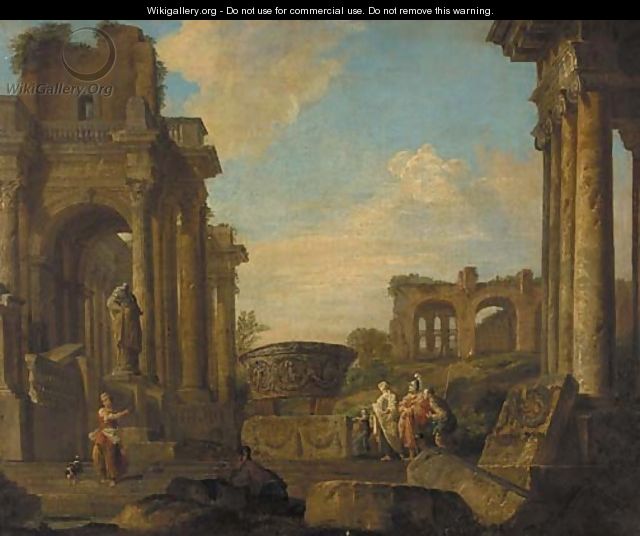 A capriccio of classical ruins with figures conversing - (after) Giovanni Paolo Panini