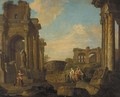 A capriccio of classical ruins with figures conversing - (after) Giovanni Paolo Panini