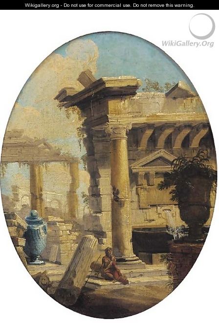A capriccio of classical ruins with a figure in the foreground - (after) Giovanni Paolo Panini