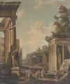A capriccio of classical architecture with figures by a fountain - (after) Giovanni Paolo Panini