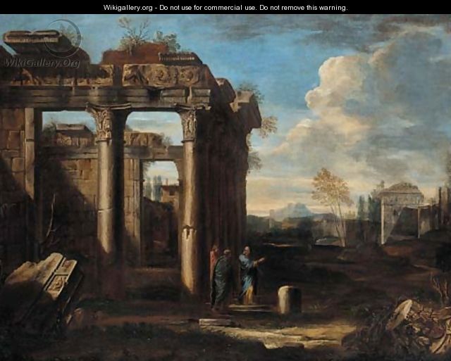 Scholars conversing amongst classical ruins - (after) Giovanni Ghisolfi