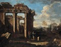 Scholars conversing amongst classical ruins - (after) Giovanni Ghisolfi