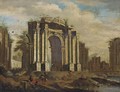 A capriccio of classical ruins with soldiers and other figures in the foreground - (after) Giovanni Ghisolfi