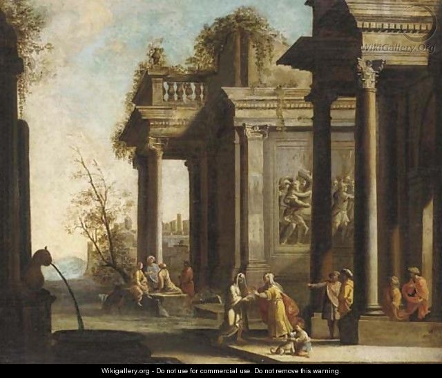 A capriccio of architectural ruins with classical figures - (after) Giovanni Ghisolfi