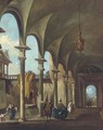 A Venetian courtyard with elegant company under a colonnade - (after) Francesco Guardi