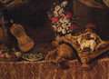 A dog on a cushion with an upturned ornamental gilt jug - (after) Francesco (Il Maltese) Fieravino