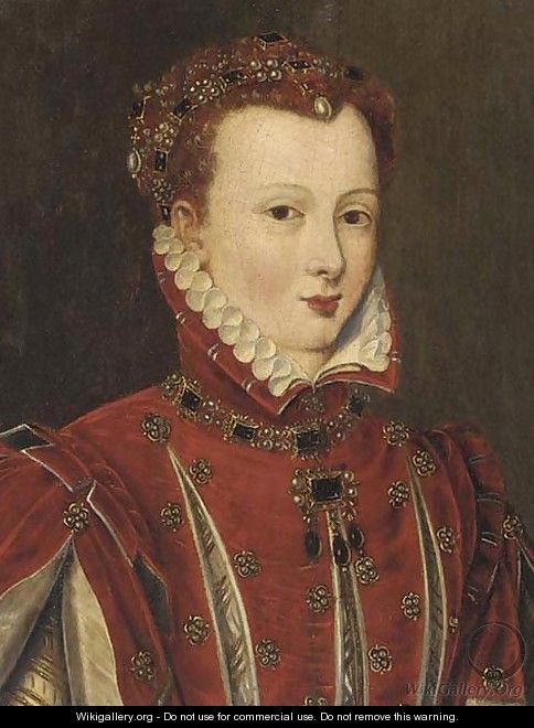 Portrait of a lady, thought to be Mary Queen of Scots (1542-1587), bust-length, in a red slashed doublet and jewelled headdress - (after) Clouet, Francois