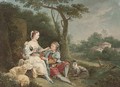 A wooded river landscape with a swain courting a shepherdess - (after) Francois Boucher